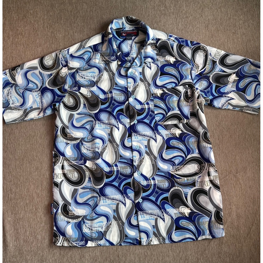 Southpole Mens Blue Swirl Graphic Print Button Down Shirt Short Sleeve Large Y2K